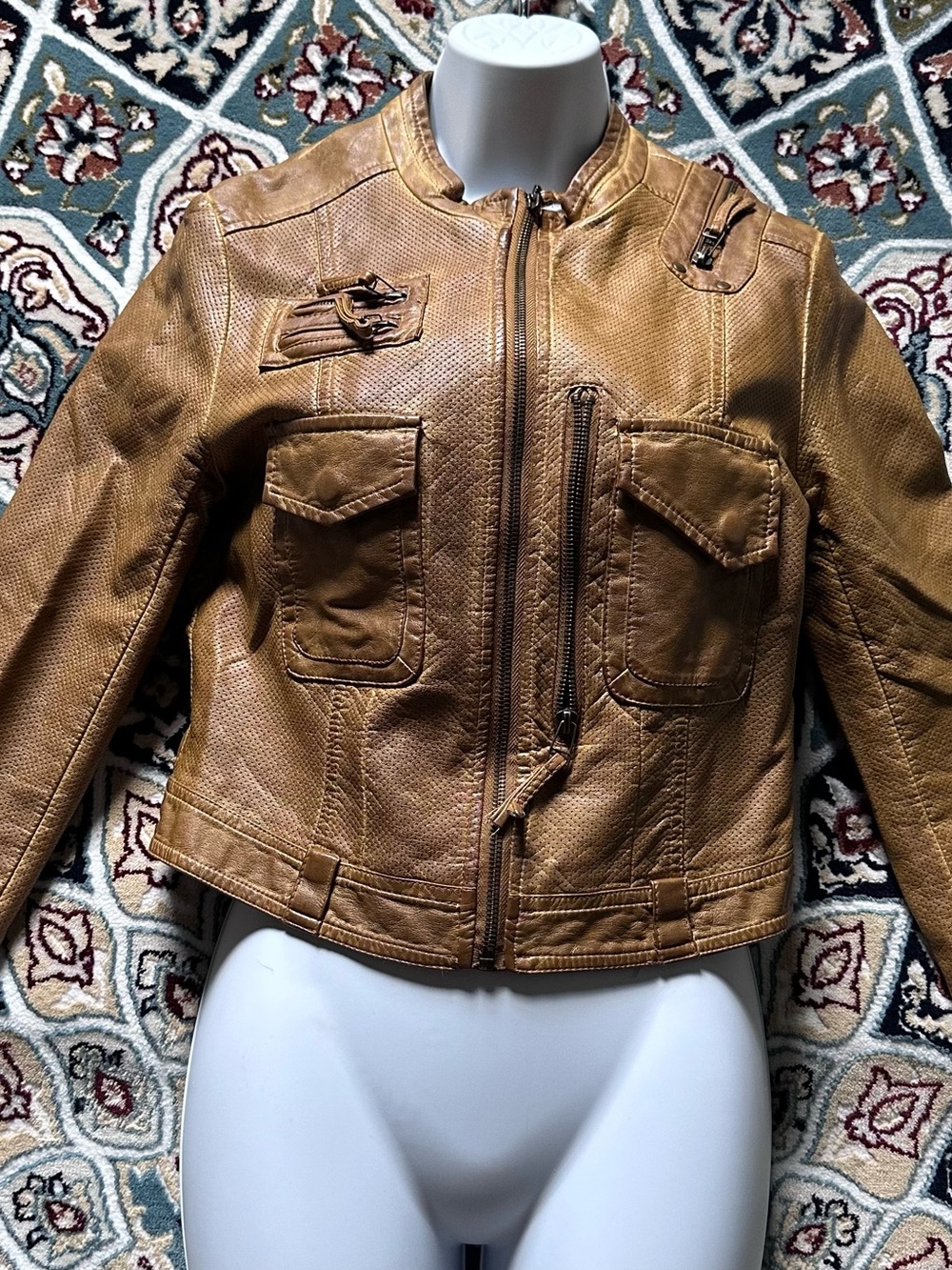 Members Only Women’s XS Cognac Faux Leather Moto Jacket Utility Biker Zip Front